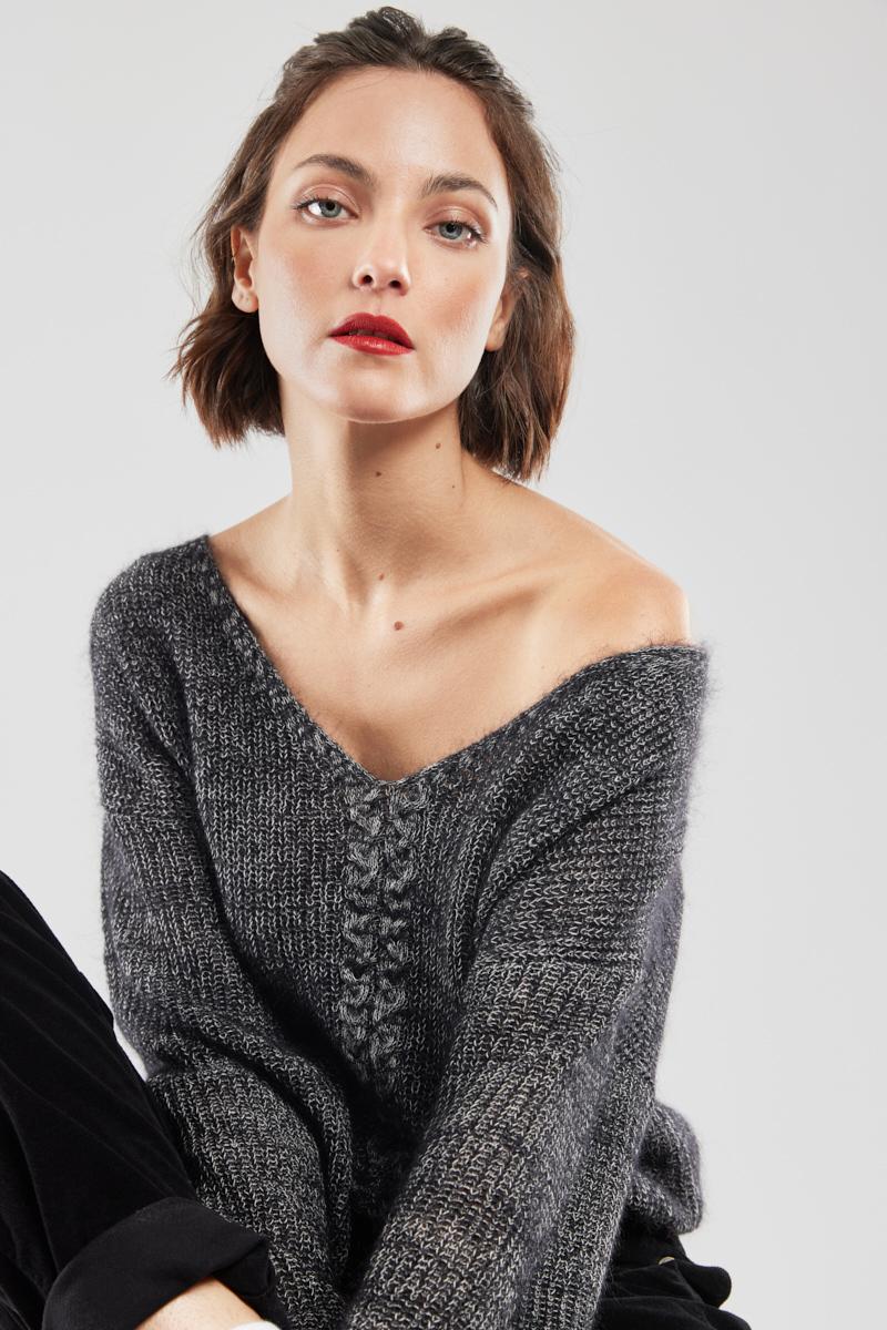 Pull maille torsadee mohair et soie