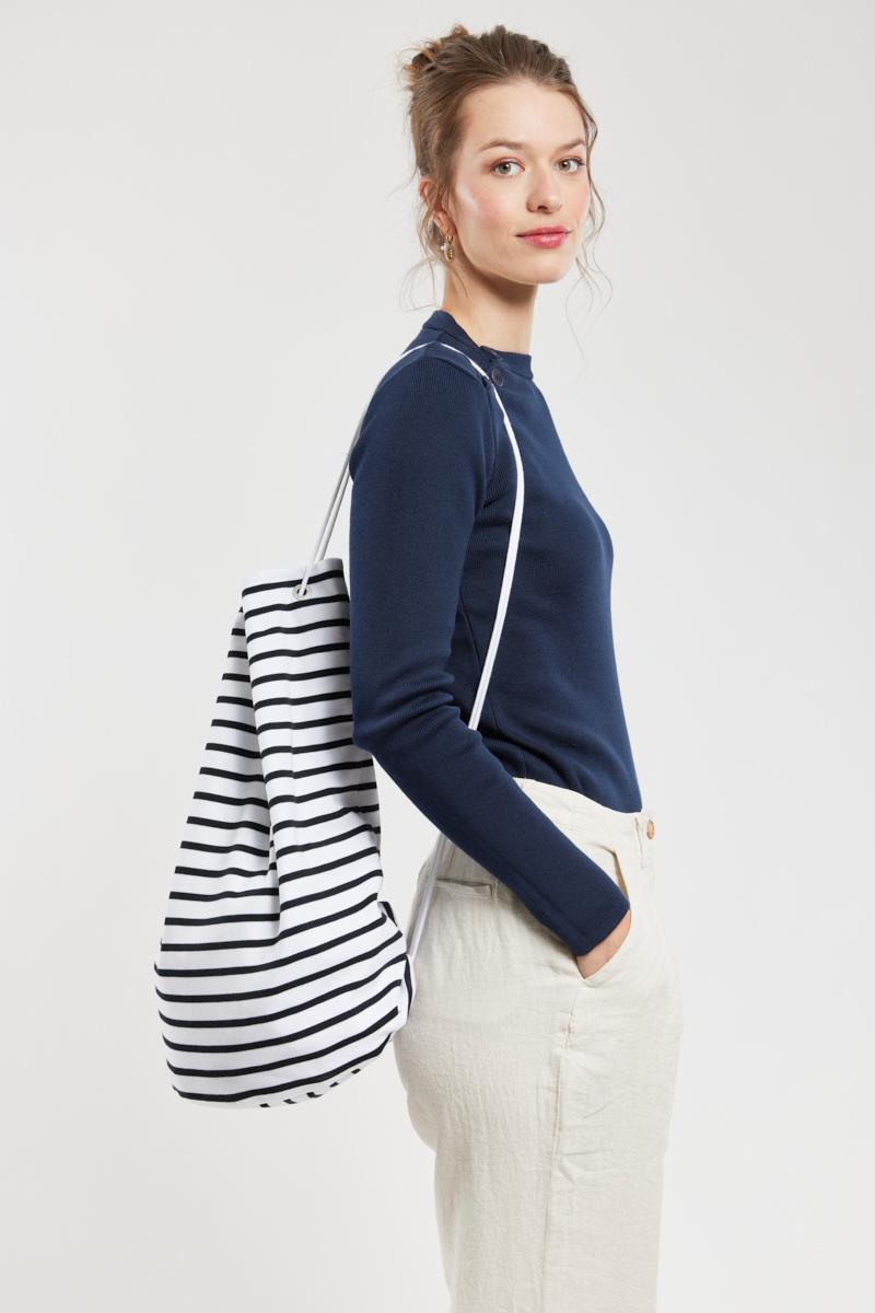 Navy and white striped bag sale