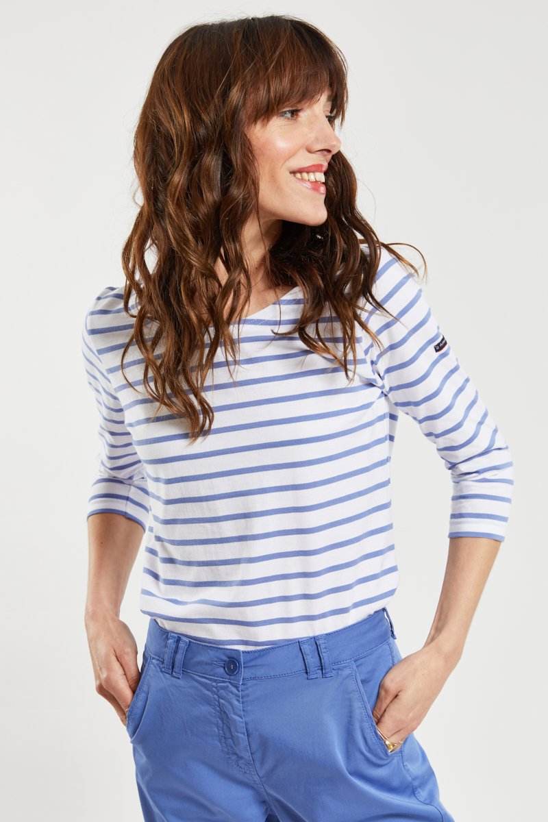 small mid  blue&white new  cotton breton  striped t shirt