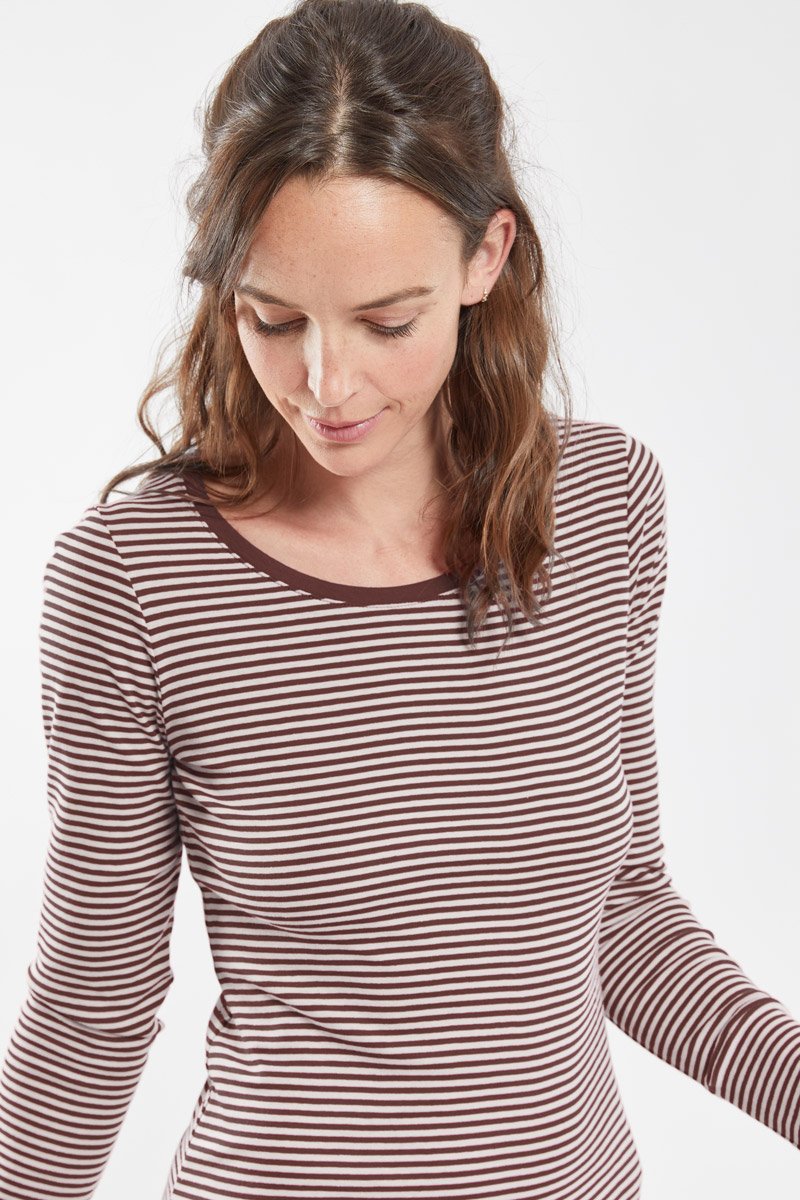 Acheter T-shirt rayé à manches longues pour femmes, nouvelle collection  automne et hiver, couleur contrastée, col boutonné, pull ajusté
