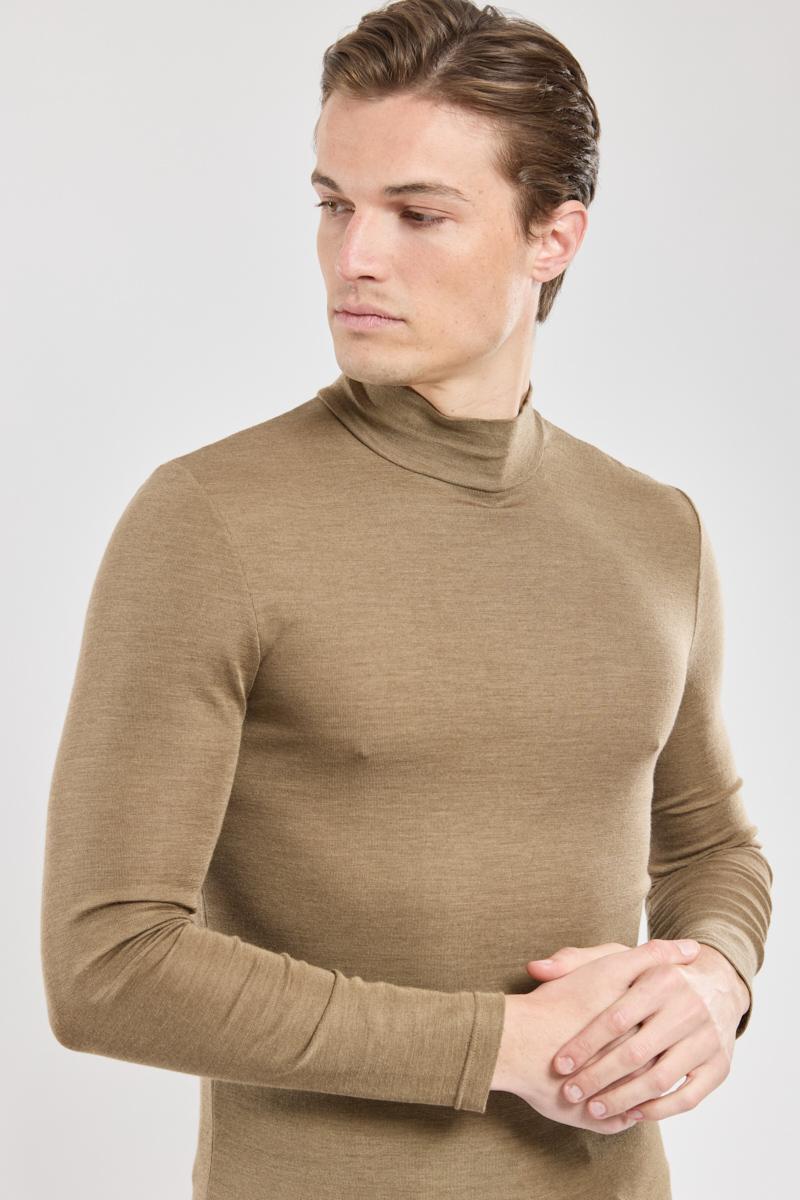 T shirt manches longues col haut laine et soie