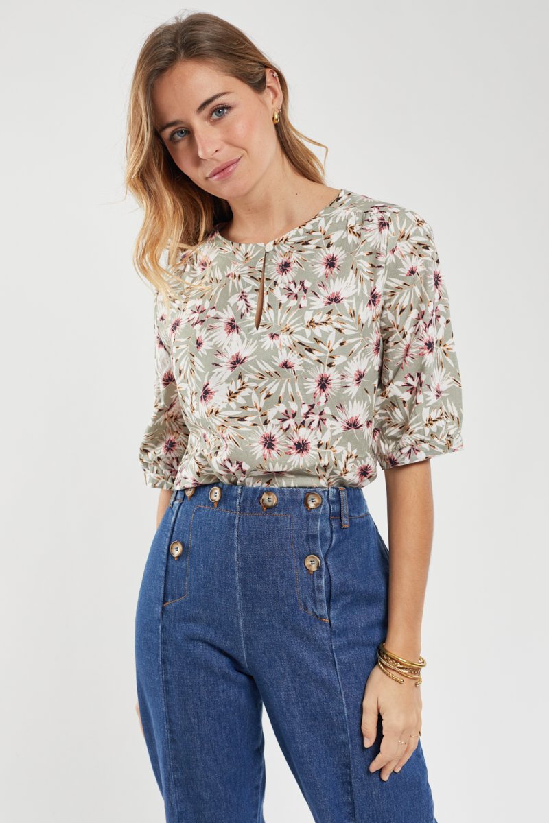 Blouse motifs  fleurs  - lin et coton