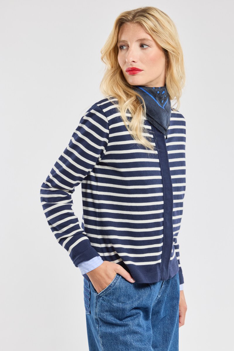 Cardigan raye zippe - coton et laine