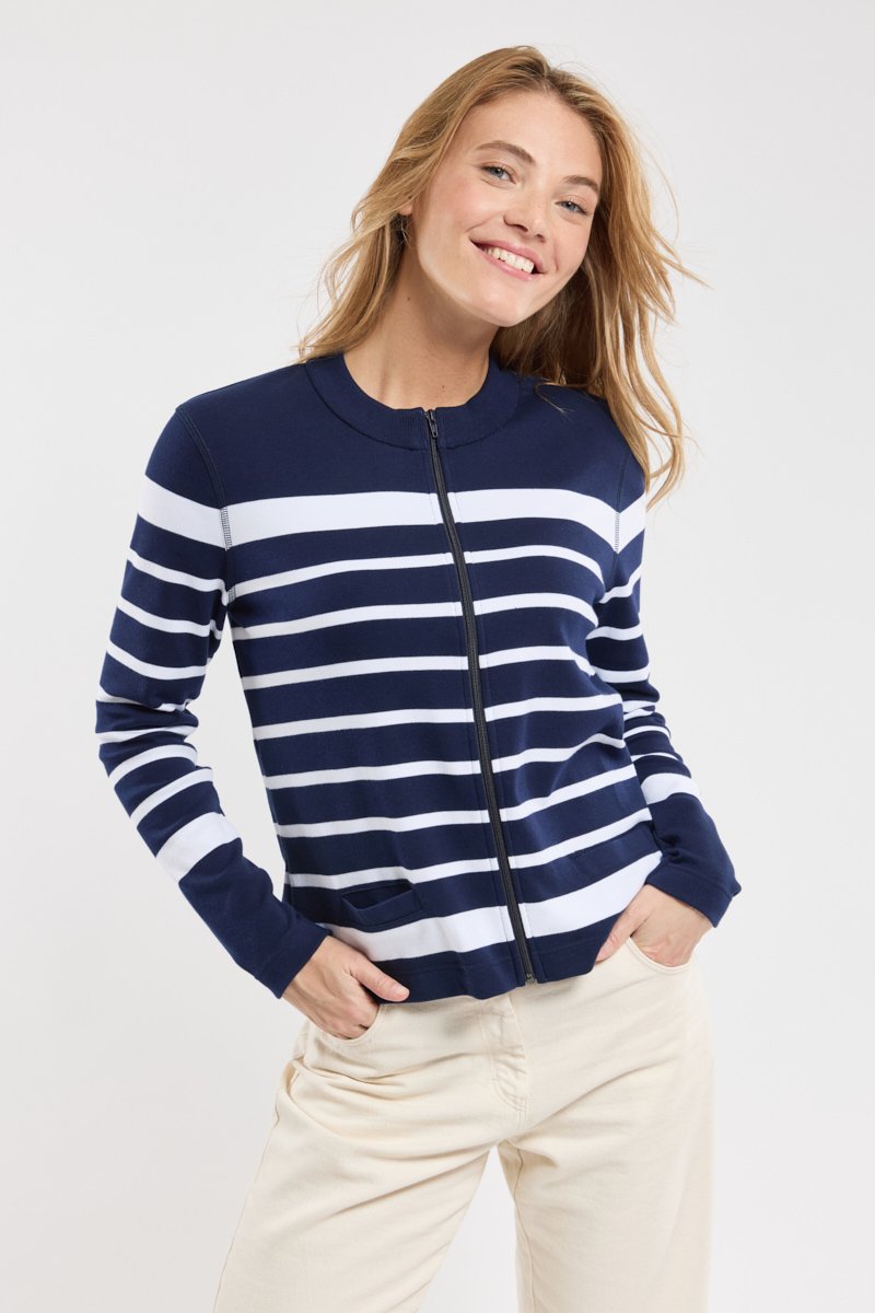 Cardigan zippe raye - coton epais