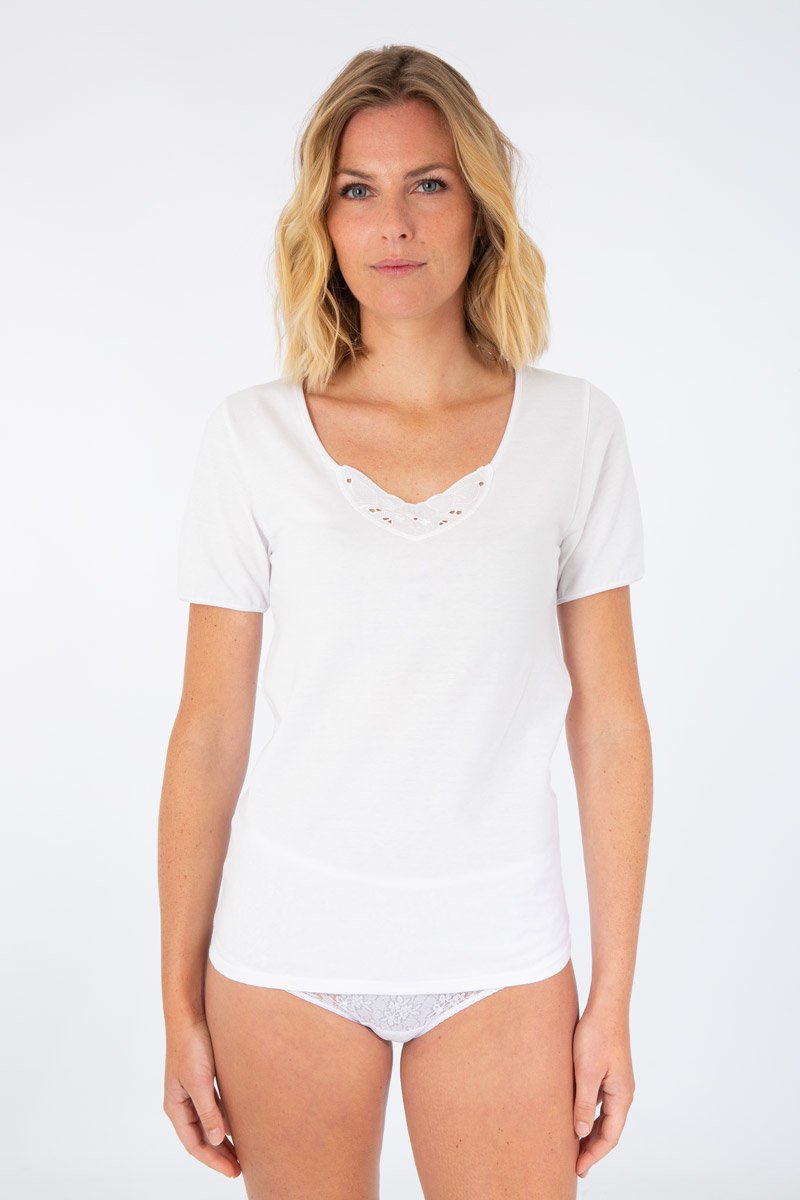 T-shirt col dentelle - coton peigne