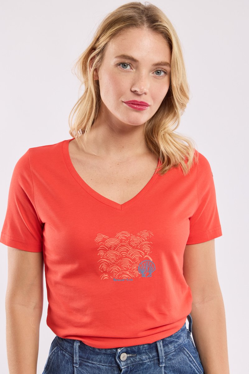 T-shirt col V  coquillages  - coton leger