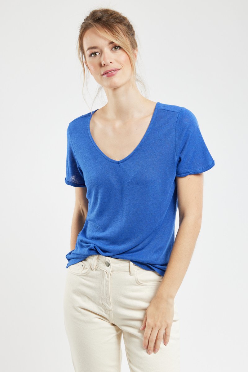 T-shirt col V CLARYS - polyester recycle et lin